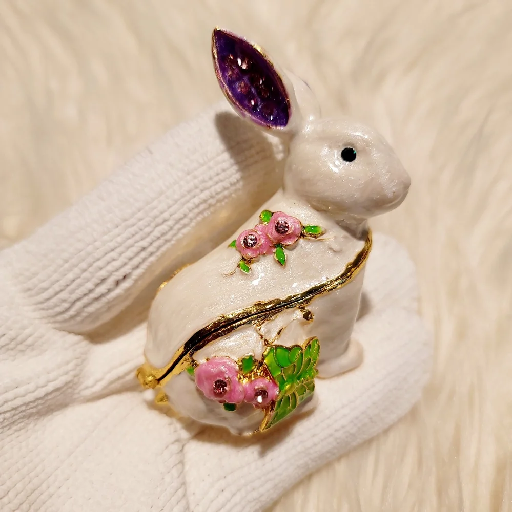 Bejeweled White Bunny Rabbit Hinged Metal Enameled Trinket Box - New